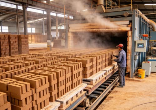 Clay brick production process: green bricks stacked in an industrial drying chamber for moisture removal
