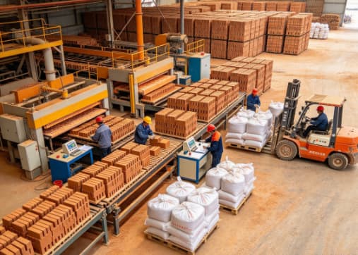 Workers sort and inspect fired clay bricks before stacking them for packaging and delivery, inspection